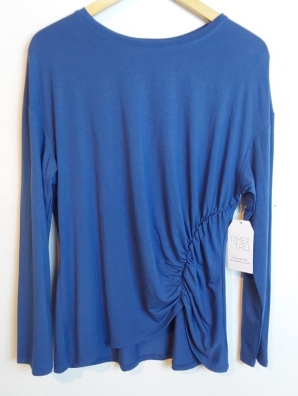 Time And Tru|Women's Long-Sleeve Blue Ruched Side Top Soft Stretchy Sz.L